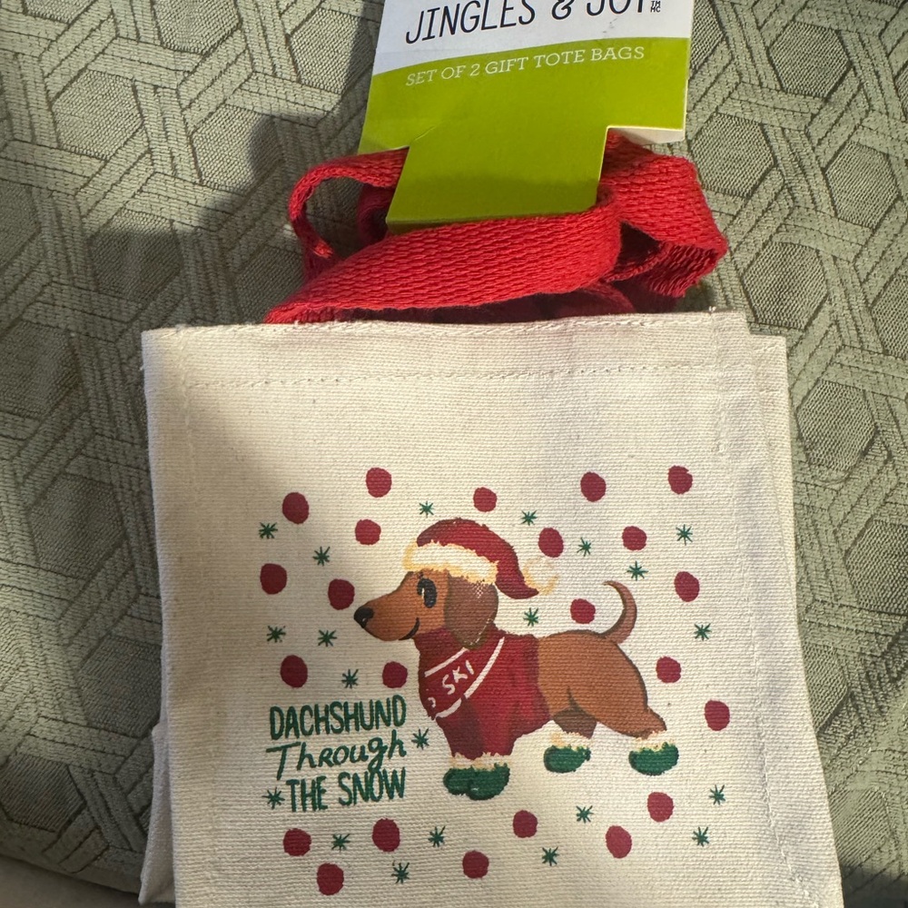 Jingles and Joy Dachshund Through The Snow set of 2 tote gift bags